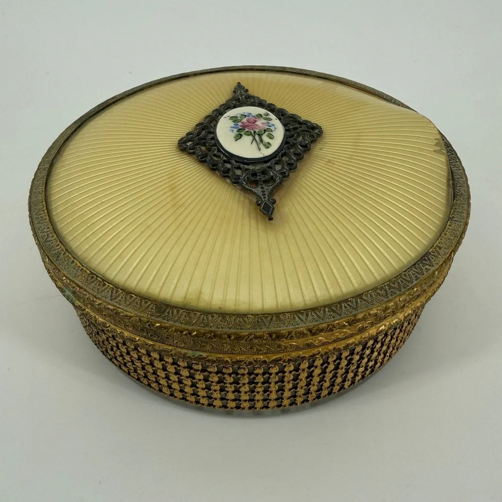 Vintage Ormolu Vanity Powder Jar Amber Lucite Lid Rose Cabochon Glass Box